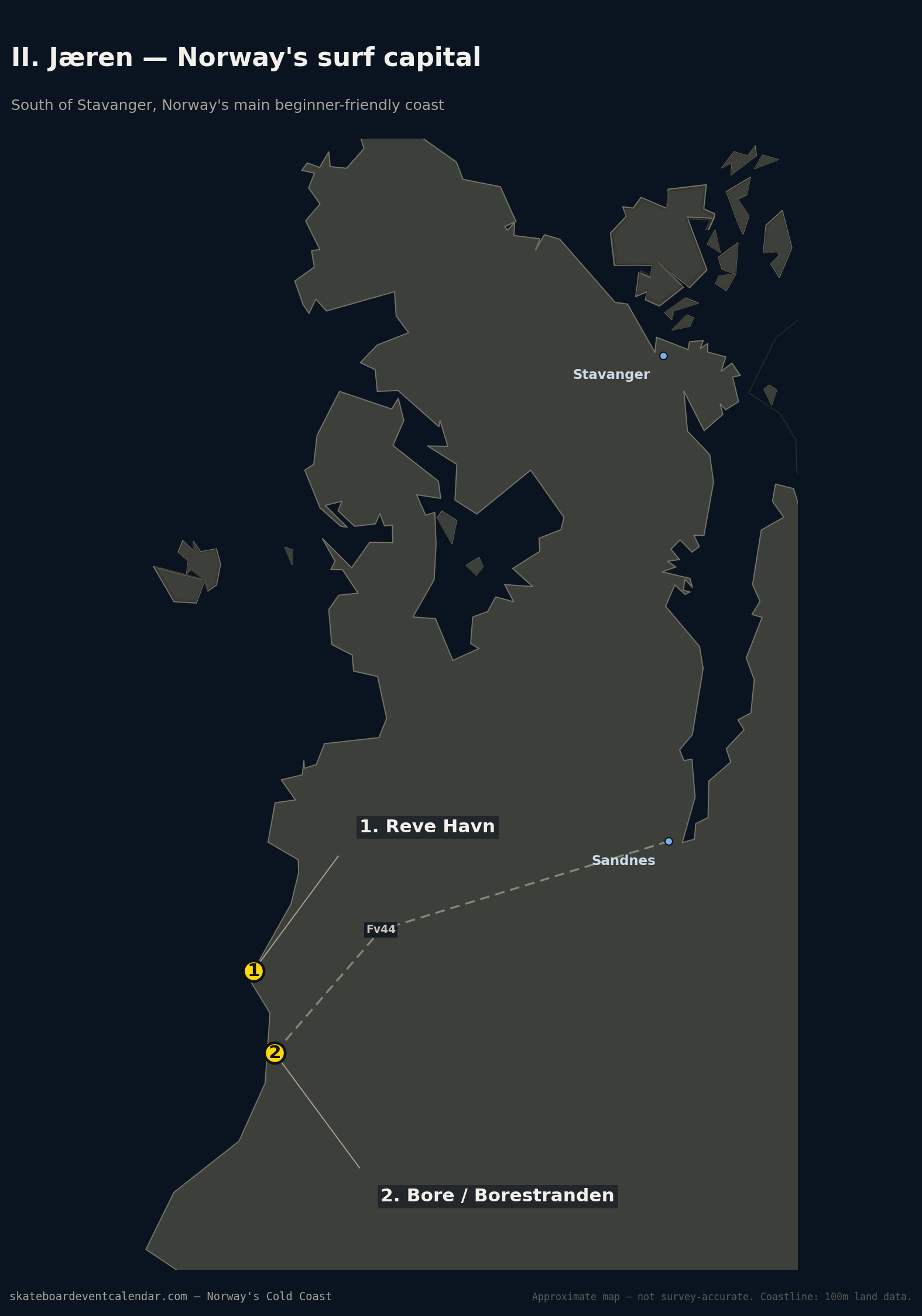 Map of Jæren showing Reve Havn and Bore