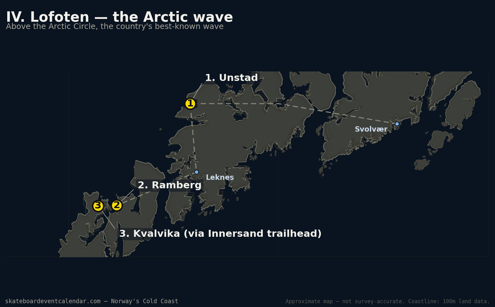 Map of Lofoten showing Unstad, Ramberg and Kvalvika