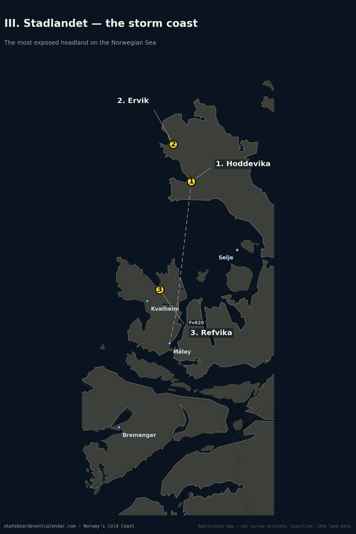 Map of Stadlandet showing Hoddevika, Ervik and Refvika