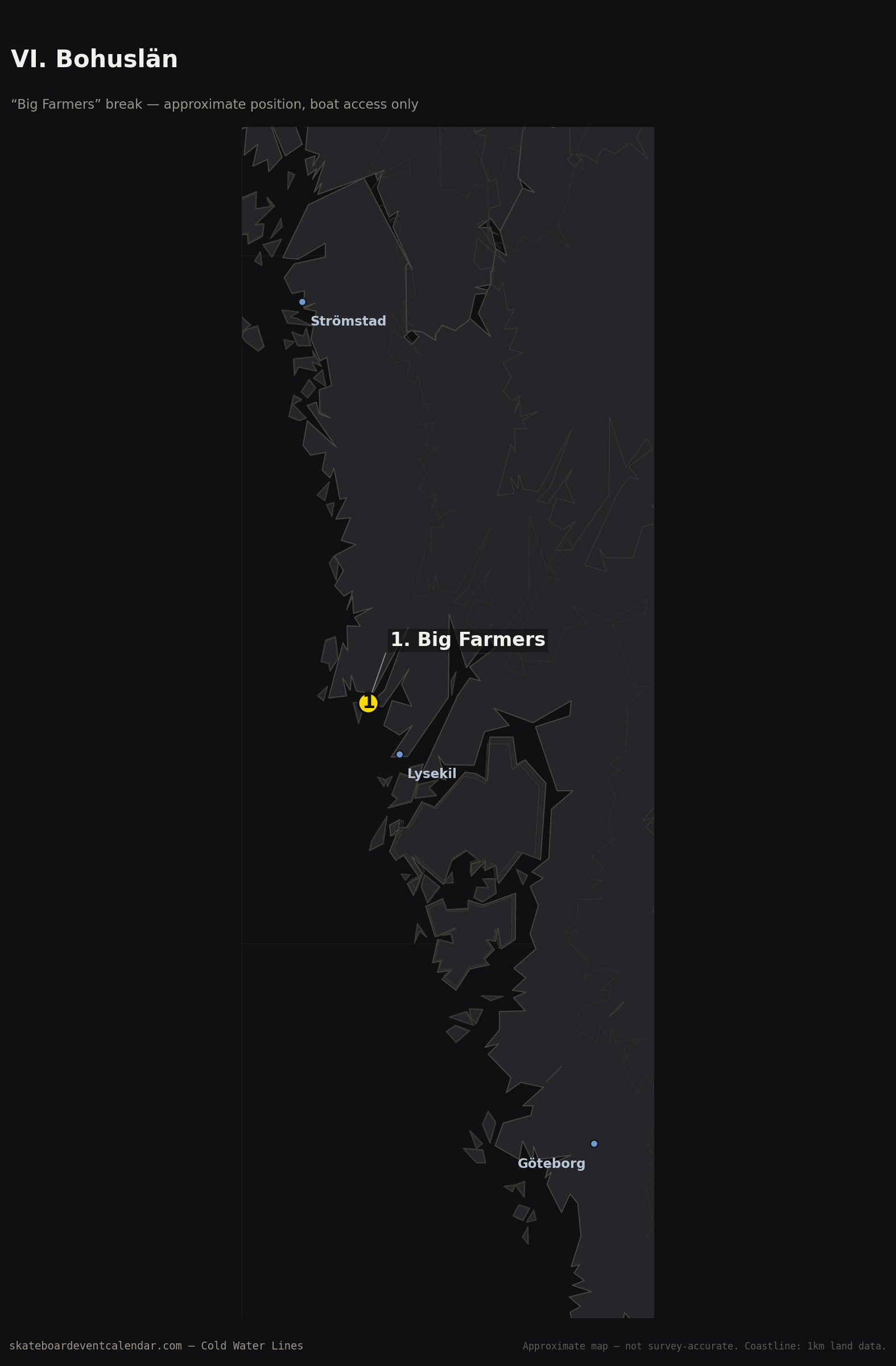 Map of the Bohuslän coast showing the approximate, boat-access-only location of Big Farmers break