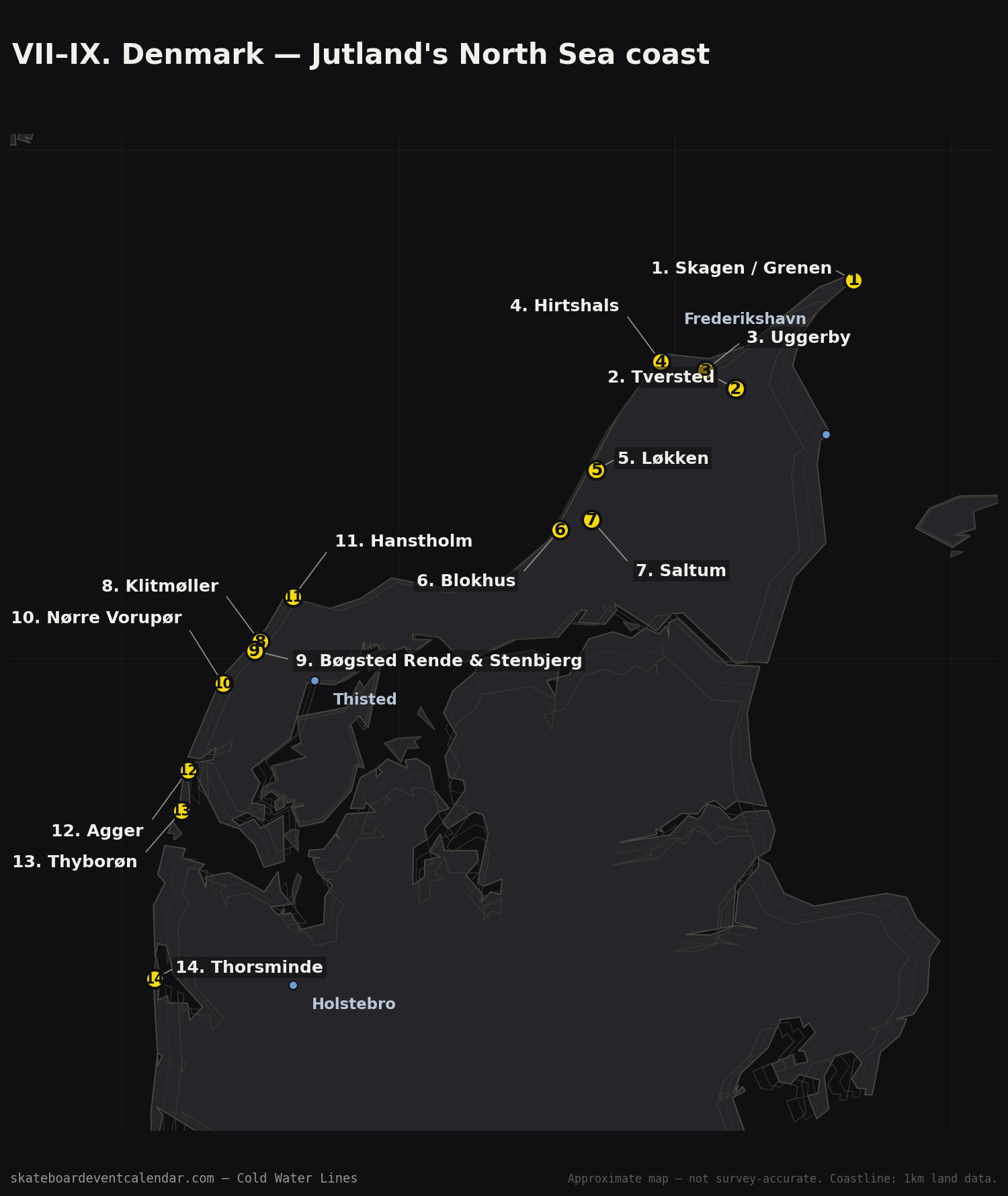 Map of Denmark's Jutland North Sea coast from Skagen to Thorsminde, covering North Jutland, Cold Hawaii and the west coast further south