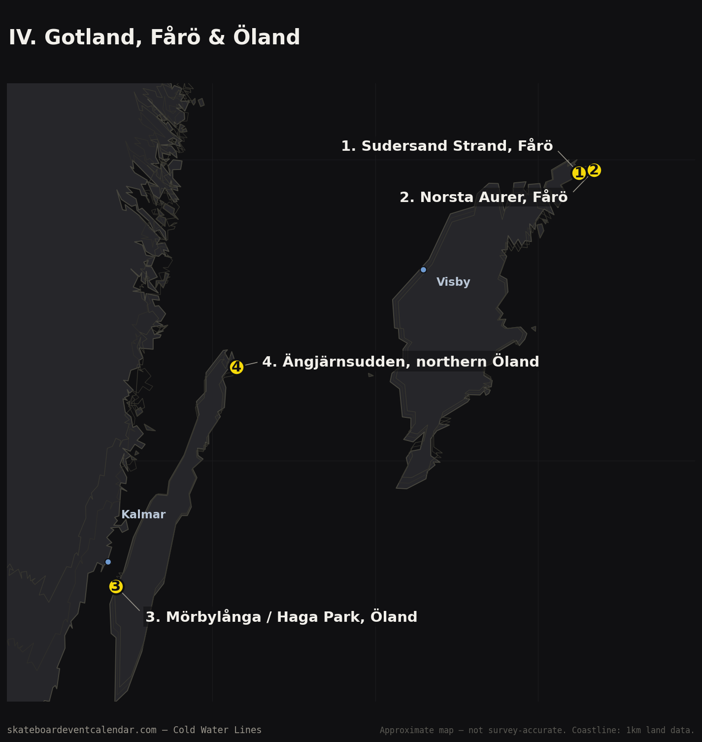 Map of Gotland, Fårö and Öland showing Sudersand Strand, Norsta Aurer and Mörbylånga