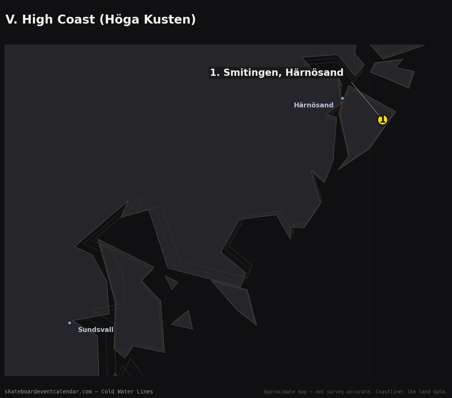 Map of the High Coast near Härnösand showing Smitingen, Sweden's northernmost documented surf spot