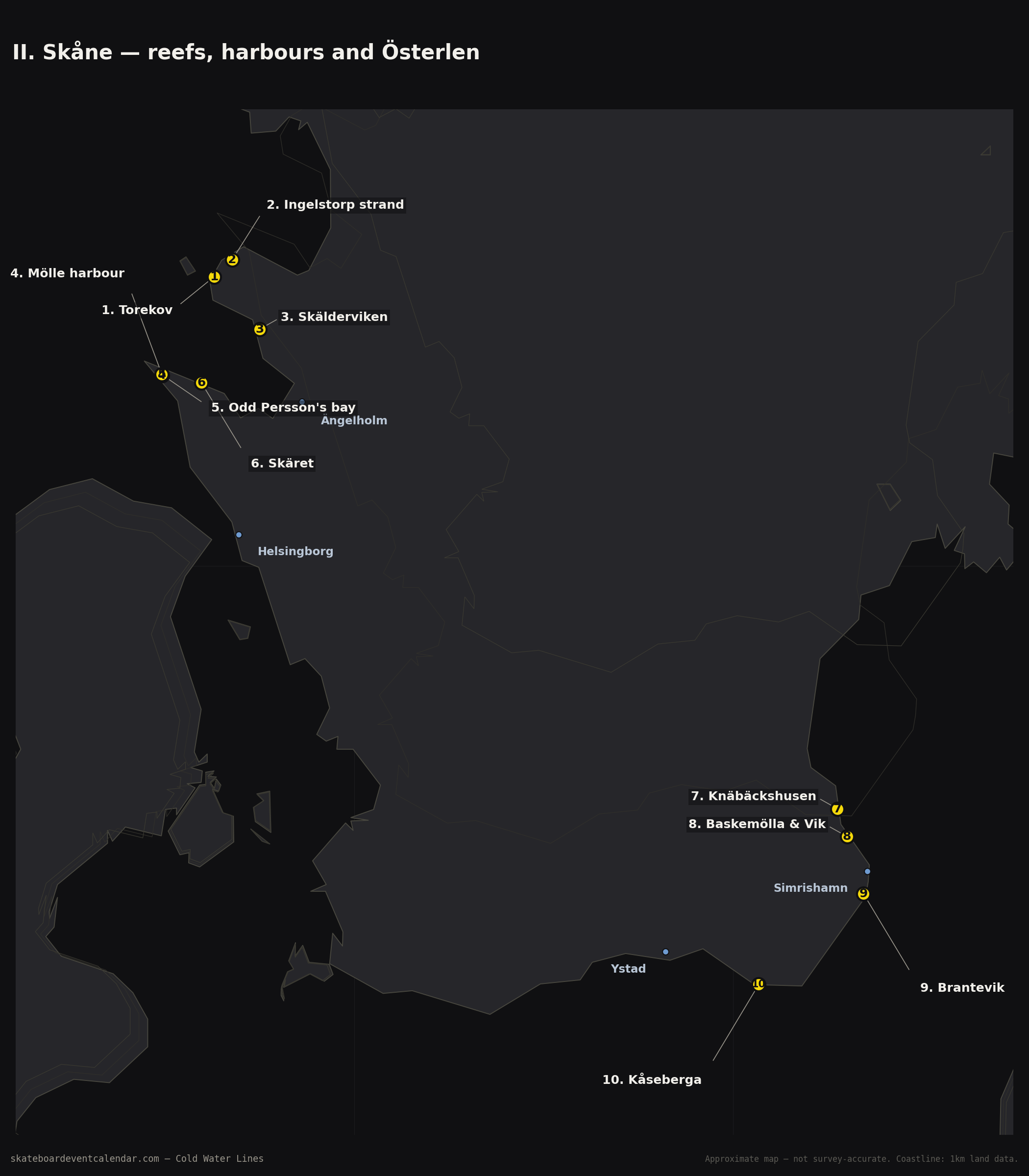 Map of Skåne's surf spots from Torekov and Mölle to Kåseberga on Österlen