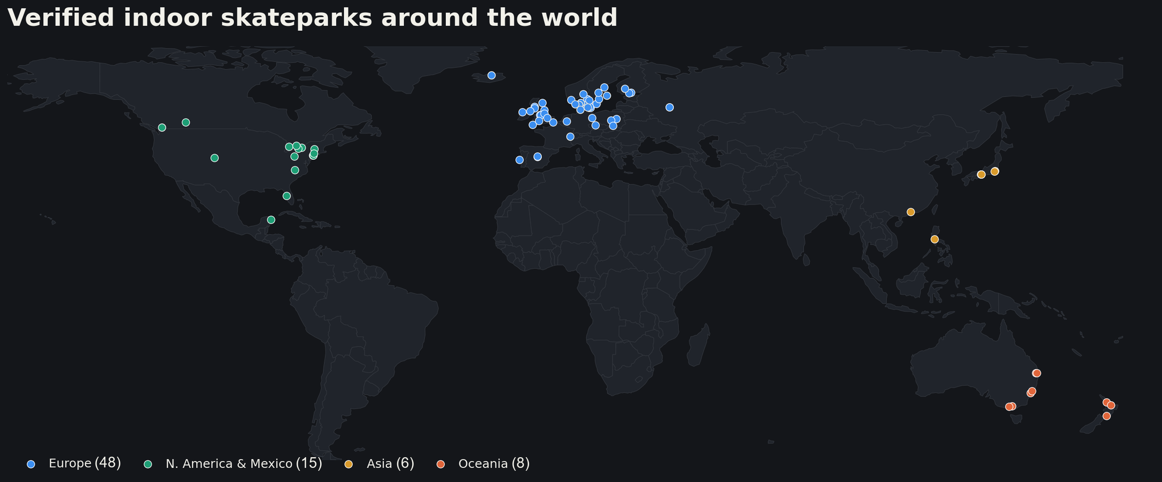 World map with color-coded pins showing every verified indoor skatepark location